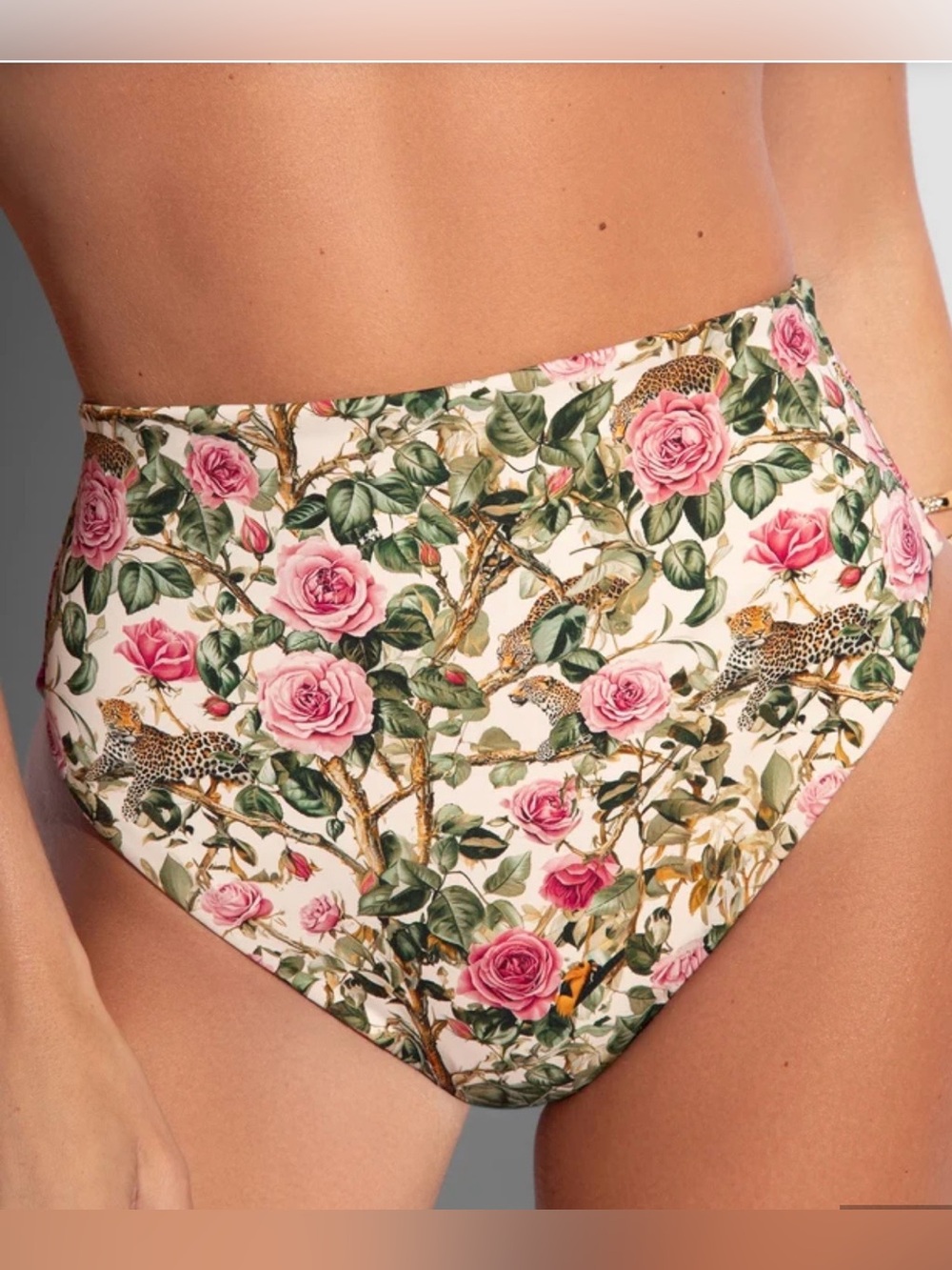 TA3 Brazilian Smoothing High-Waist Pink Rose Leopard Print Bikini Bottom, Small